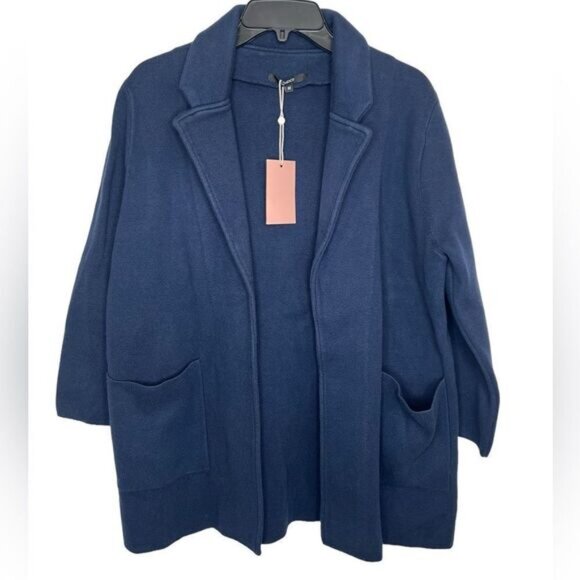 Quince Navy 100% Organic Cotton Knit Open Front Blazer Size Medium - Picture 2 of 11